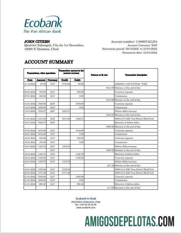 Extrato bancário do Chad Ecobank para impressão em Excel e modelo PDF, totalmente editável (AutoSum)